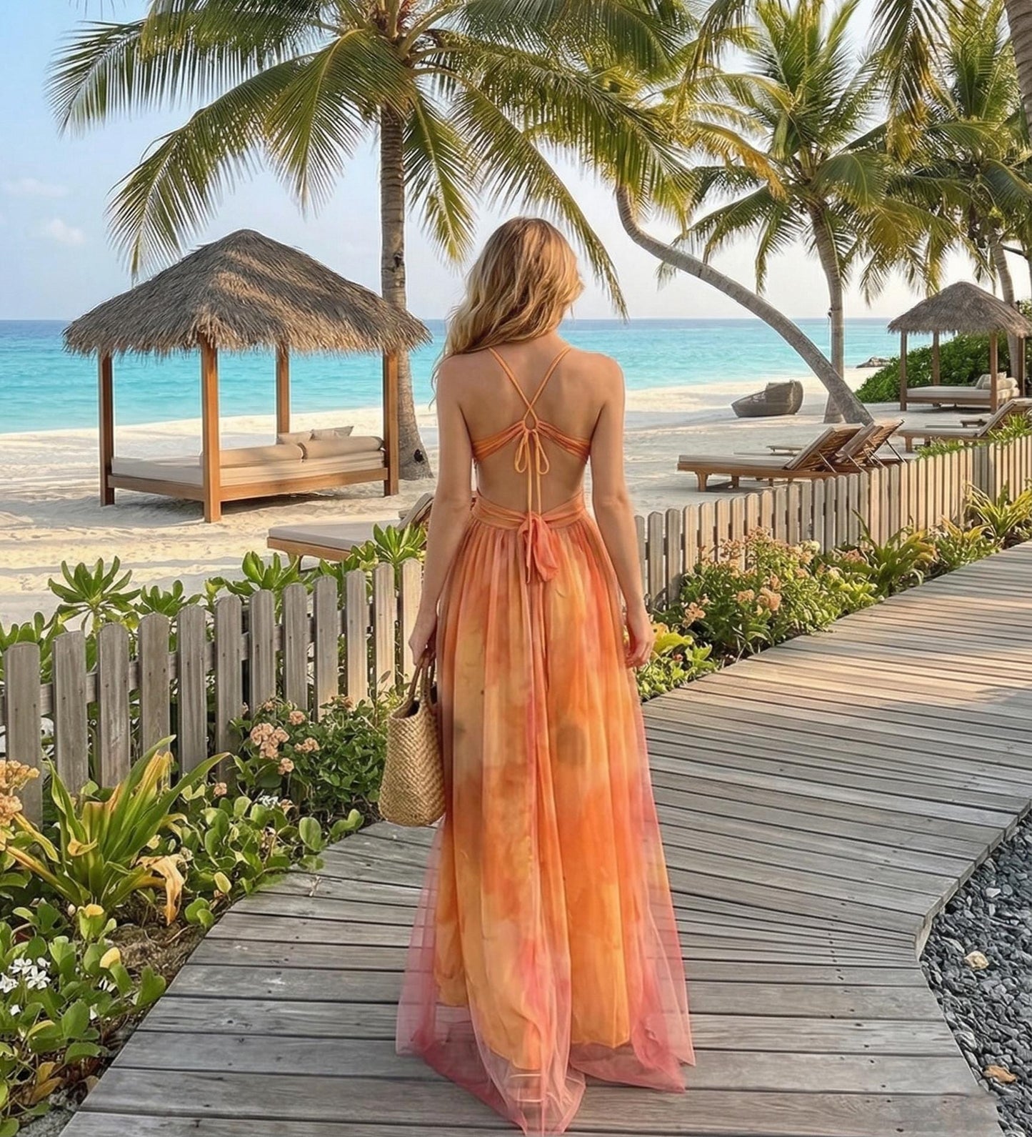 Romantic Floral  Maxi Summer Dress, Spring vacation outfit, High-Side Slit Beach Gown - Summer Resort Sundress