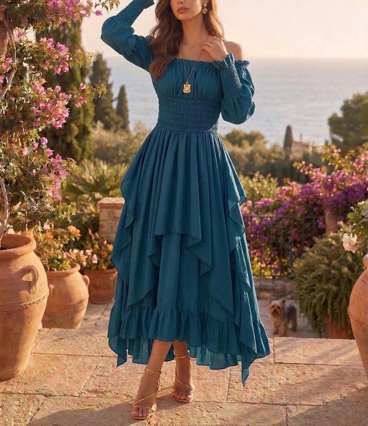 Renaissance Dress Women, Medieval Off Shoulder Maxi Gown, Fairy Smocked Waist Skirt, Pirate Steampunk Costume, Victorian Cottagecore Dress