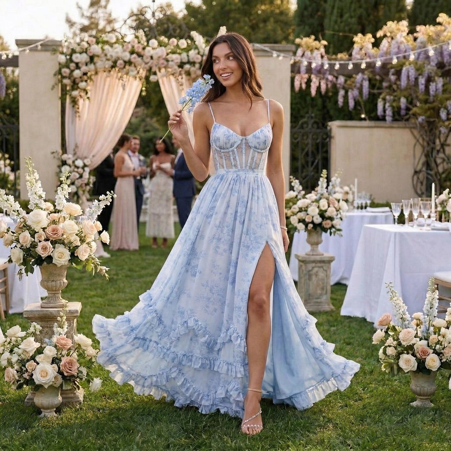 Floral Chiffon Maxi Dress, Romantic Corset Style Sundress, V-Neck Spaghetti Strap Long Dress, Wedding Guest Outfit, Boho Summer Party Gown