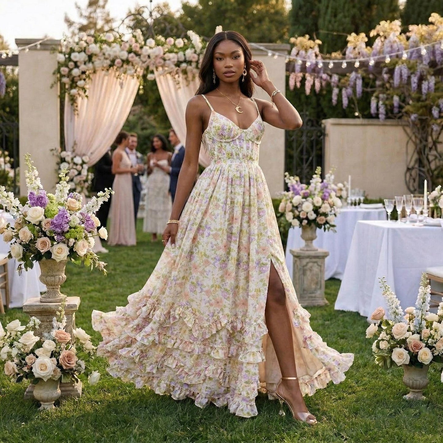 Floral Chiffon Maxi Dress, Romantic Corset Style Sundress, V-Neck Spaghetti Strap Long Dress, Wedding Guest Outfit, Boho Summer Party Gown