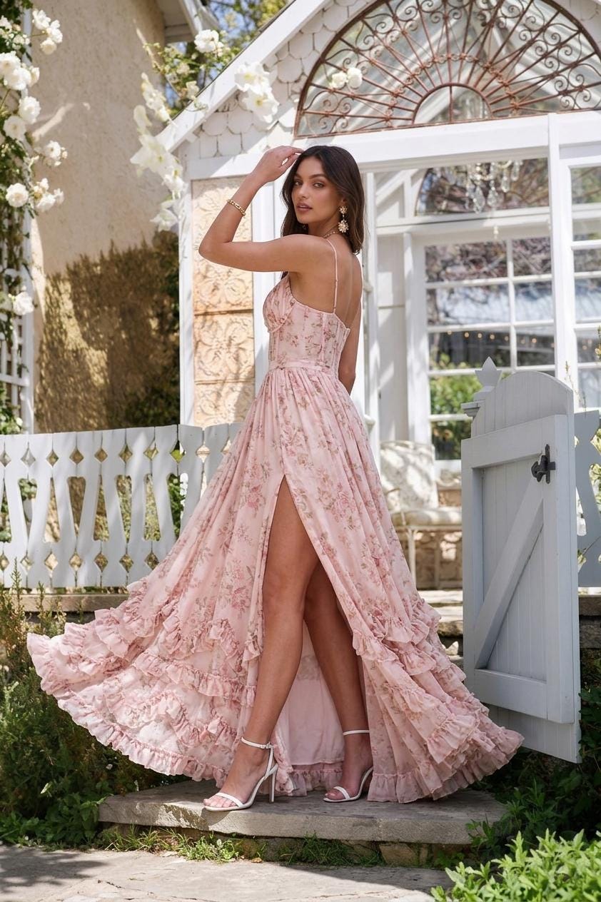 Floral Chiffon Maxi Dress, Romantic Corset Style Sundress, V-Neck Spaghetti Strap Long Dress, Wedding Guest Outfit, Boho Summer Party Gown