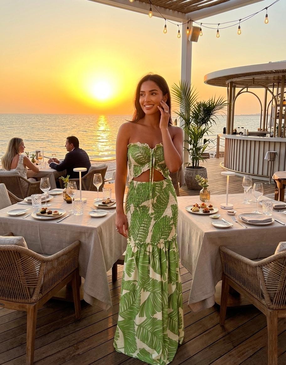 Tropical Leaf Maxi Dress, Two-Piece Style Cut Out Summer Party Gown, Beach Wedding Guest Dress, High Waisted Bodycon Smocked Floral Dress