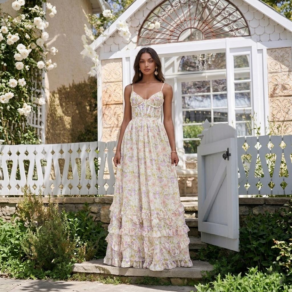 Floral Chiffon Maxi Dress, Romantic Corset Style Sundress, V-Neck Spaghetti Strap Long Dress, Wedding Guest Outfit, Boho Summer Party Gown