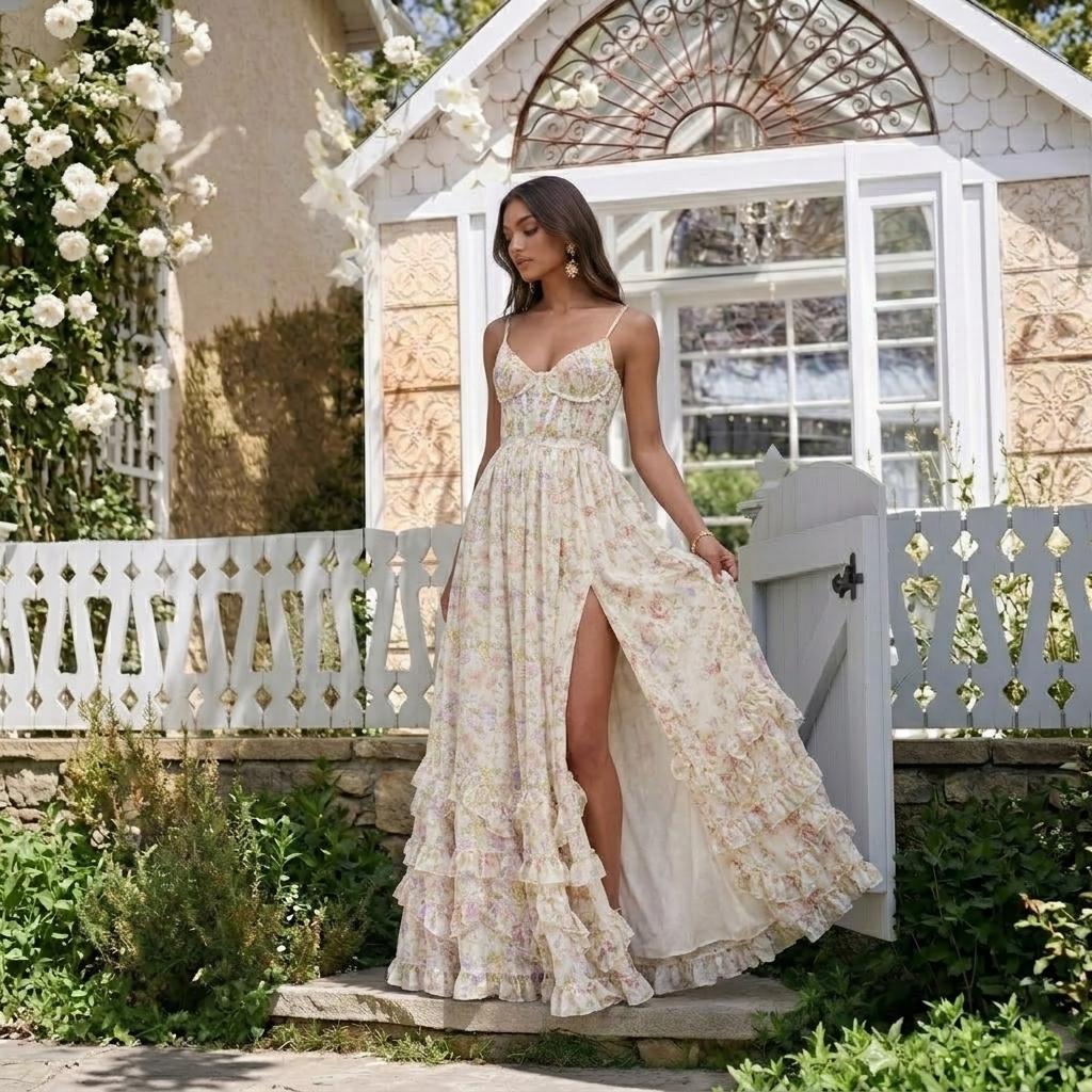 Floral Chiffon Maxi Dress, Romantic Corset Style Sundress, V-Neck Spaghetti Strap Long Dress, Wedding Guest Outfit, Boho Summer Party Gown
