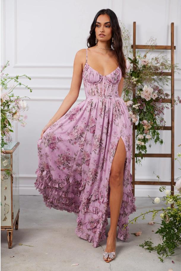 Floral Chiffon Maxi Dress, Romantic Corset Style Sundress, V-Neck Spaghetti Strap Long Dress, Wedding Guest Outfit, Boho Summer Party Gown