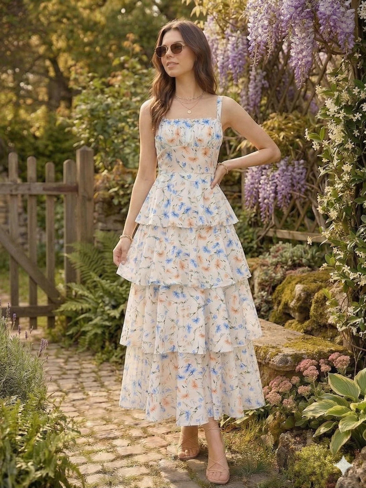 Floral Ruffle Tiered Dress, Elegant Sleeveless Maxi, Summer Wedding Guest Dress, Floral Print Lolita Gown, Aesthetic Summer Clothes for Her