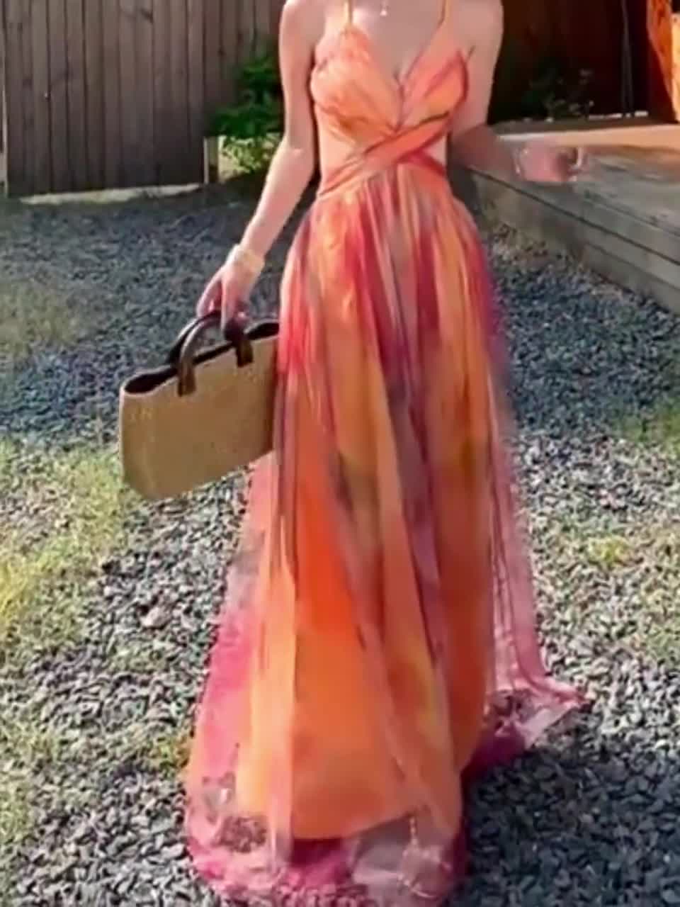 Tropical Orange Floral Chiffon Maxi Dress - High-Side Slit Beach Gown - Summer Resort Sundress